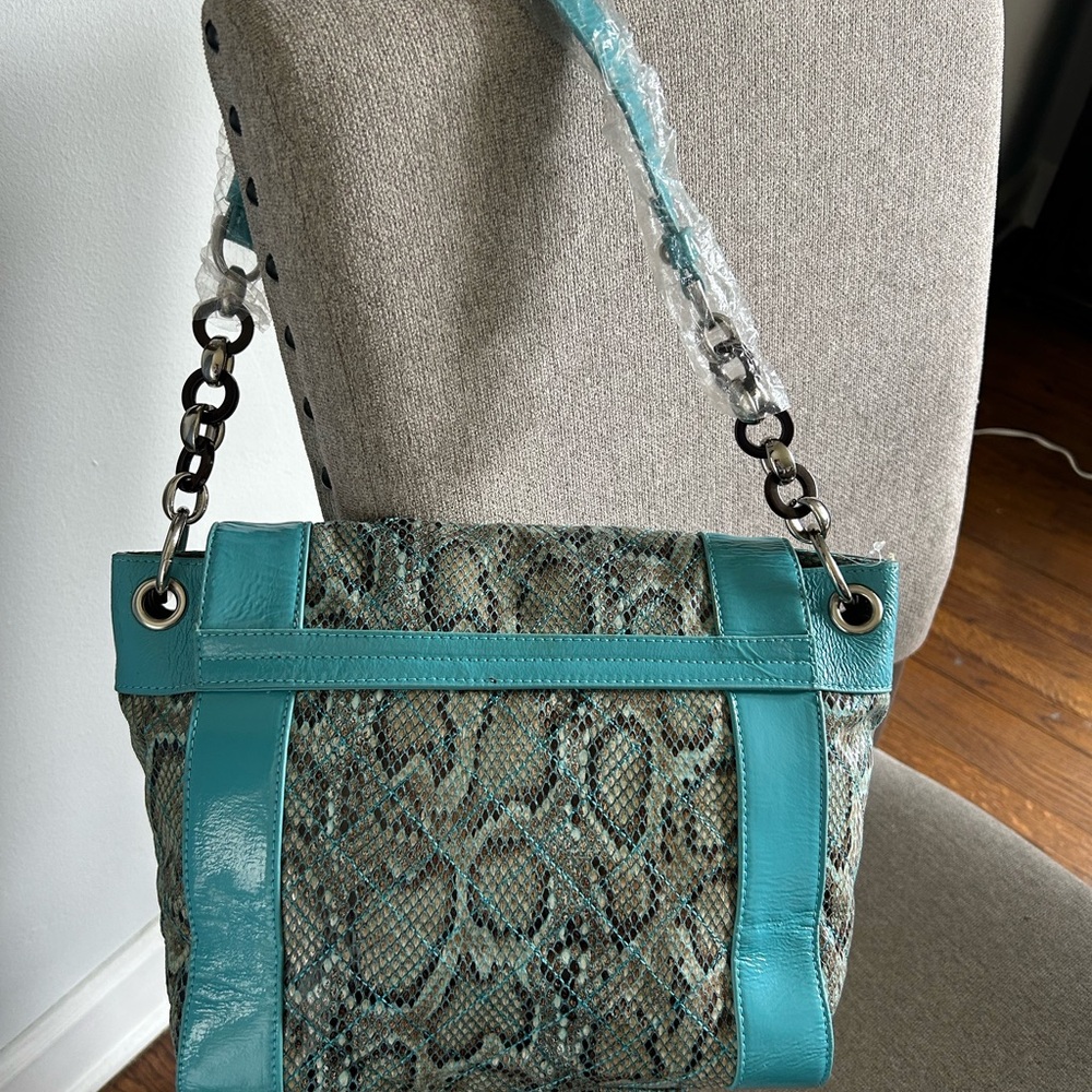 Sharif Teal Snake-Pattern Shoulder Bag w Silver Accents - Picture 3 of 10